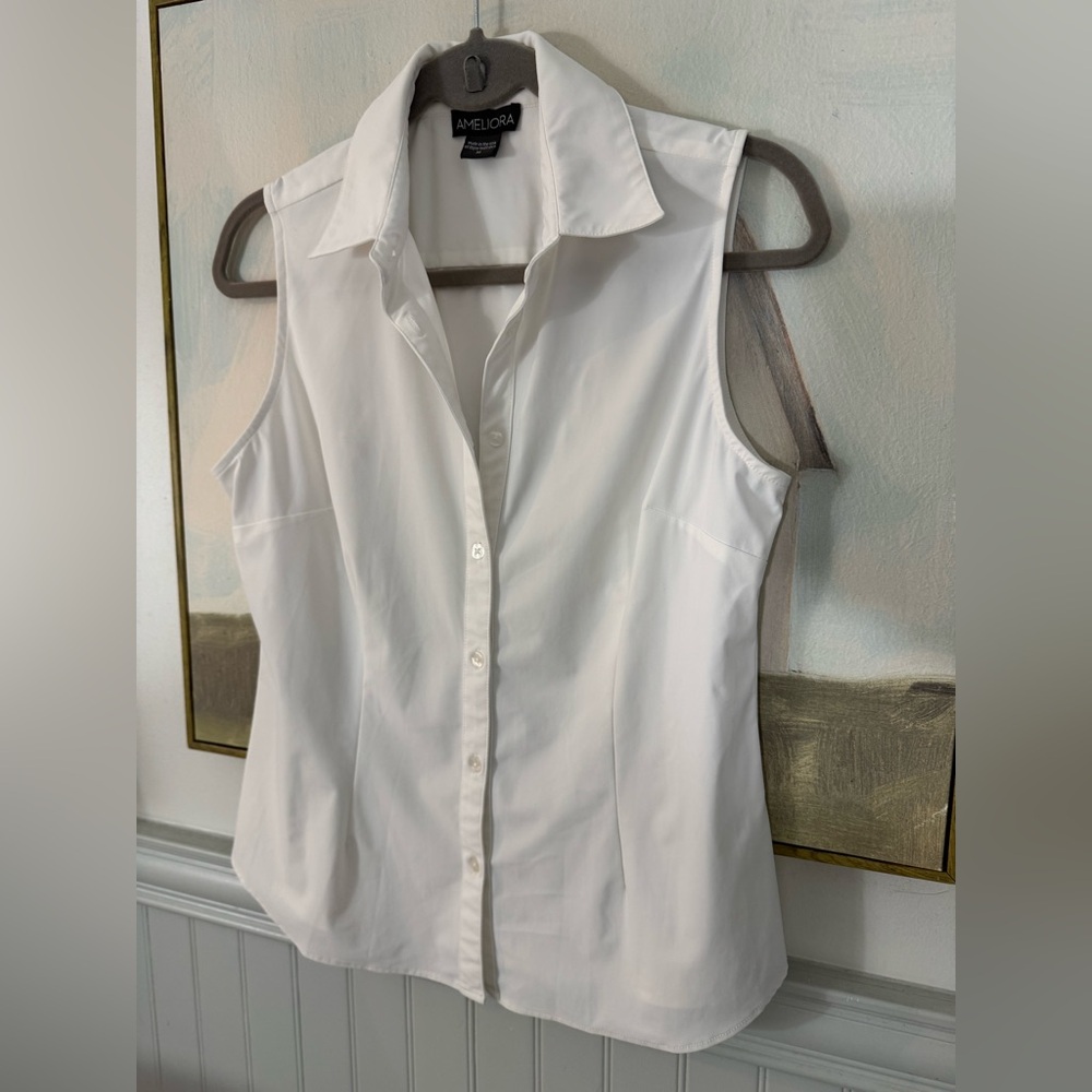 Ameliora The Annie White Sleeveless Button Down Washable Shirt Size Medium - Picture 6 of 9